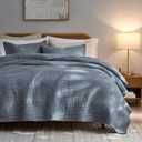 palassio Striped Blue Grey 100% Cotton Quilt King Size Bedding Sets, Lightweight Crinkly Channel Pick Stitch Textured Bedspread Soft Shabby Chic Farmhouse Country Coverlet for All Season, 2 Shams