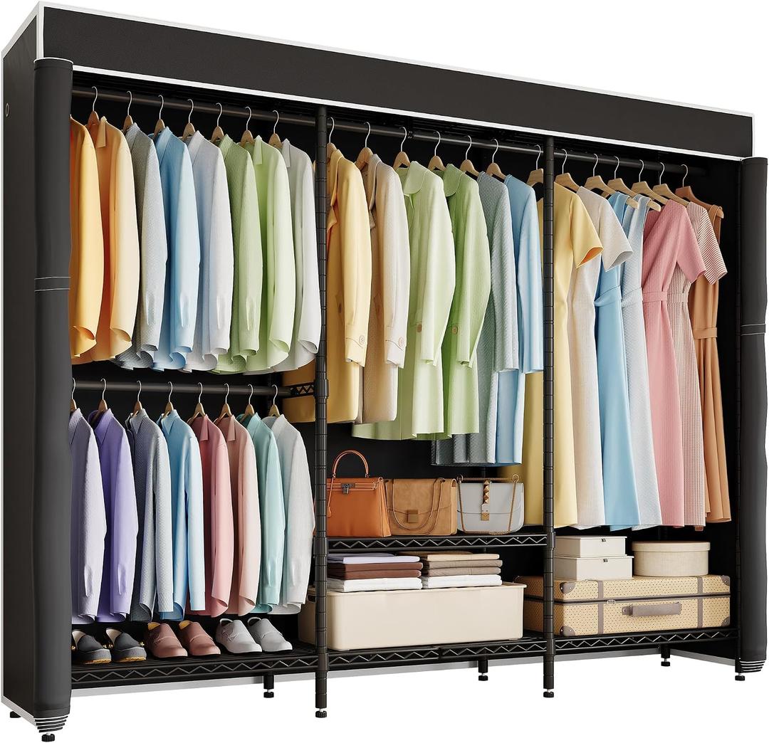 Higeego H8 Garment Rack with Cover, Portable Closet for Hanging Clothes, Heavy Duty Clothes Rack Wardrobe Closet Organizer and Storage, Black Clothing Rack Shelf with Black Fabric Cover