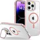 for iPhone 11 Pro Max Case Clear with Kickstand and Screen Protector - Wireless Charging Compatible,21ft Military-Grade Drop TestedShockproof Slim Fit Magnetic Crystal Cover - Pink
