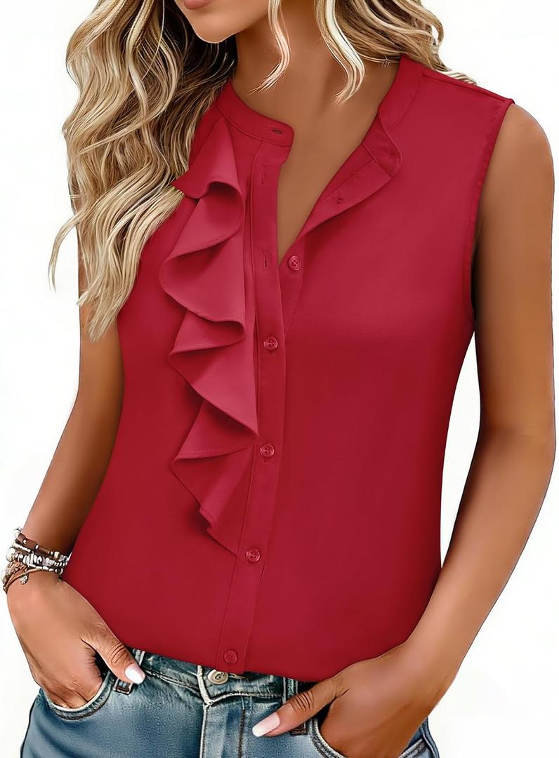 siliteelon Womens Sleeveless Button Down Shirts for Women Round Neck Sleeveless Button Up Tops 2026 Summer Formal Blouses (Red, L)