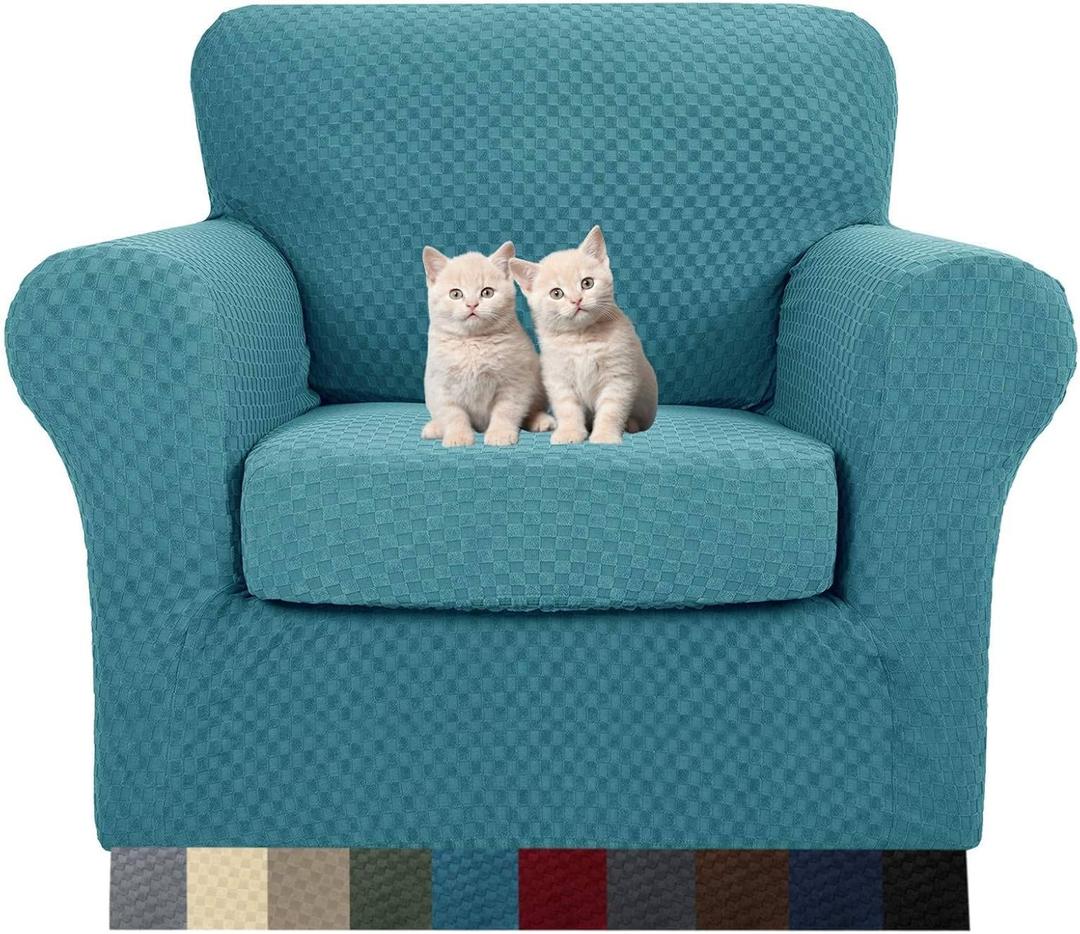 MAXIJIN 2 Piece Jacquard Chair Covers with Arms Super Stretch Non Slip Chair Slipcover for Living Room Dogs Pet Friendly Elastic Sofa Couch Protector Armchair Cover (Chair, Peacock Blue) (Small (1 Cushion))