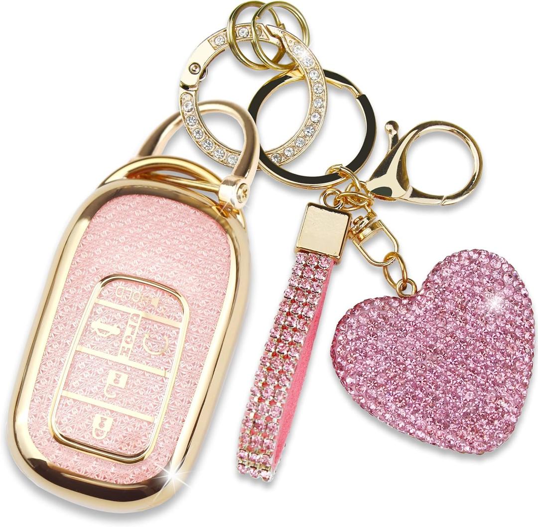 Key Fob Cover with Diamond Keychain, Car Key Shell for Women, Compatible with Honda 2023 2024 Accord Civic HRV CRV Pilot Smart Remote Key Protector (5 Buttons-Pink Heart)