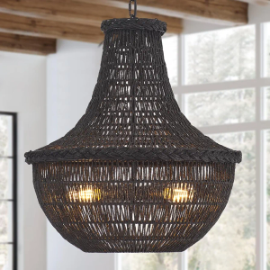 YOMECOO 19.69" Boho Black Rattan Chandelier Vintage 4-Lights Farmhouse Hand-Woven Bamboo Basket Chandelier Light Fixture Rustic Wicker Rattan Chandeliers for Dining Room, Kitchen, Living Room