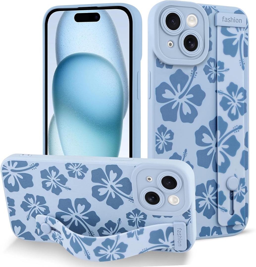 Fiyart Designed for iPhone 15 Case Cute Flowers with Strap Soft TPU Phone Cover Protective Camera Lens Protection for Women Men Floral Bumper with Stand 6.1"-Blue
