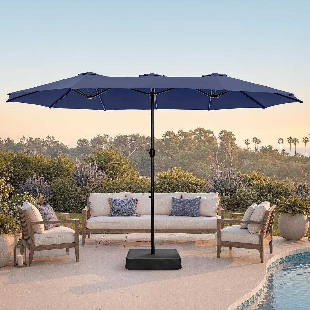 PHI VILLA 15ft Large Patio Umbrellas with Base Included, Outdoor Double-Sided Rectangle Market Umbrella with Crank Handle, for Pool Lawn Garden, Navy Blue