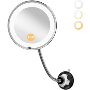 Brightown 10x Makeup Mirror with Lights and Magnification,Flexible Gooseneck Magnifying Mirror with 3 Lighting and Adjustable Brightness,Battery Operated with Suction Cup for Bathroom Bedroom, Black