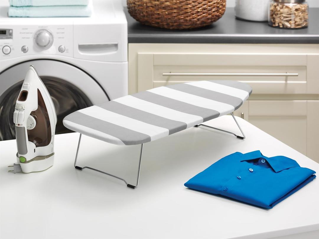 Whitmor Foldable Tabletop Ironing Board with Removable Scorch-Resistant Cover, Metal Mesh Frame, Retractable Hook & Non-Slip Feet, Portable & Easy Storage, for Home, Dorm & Travel, Grey/White Striped
