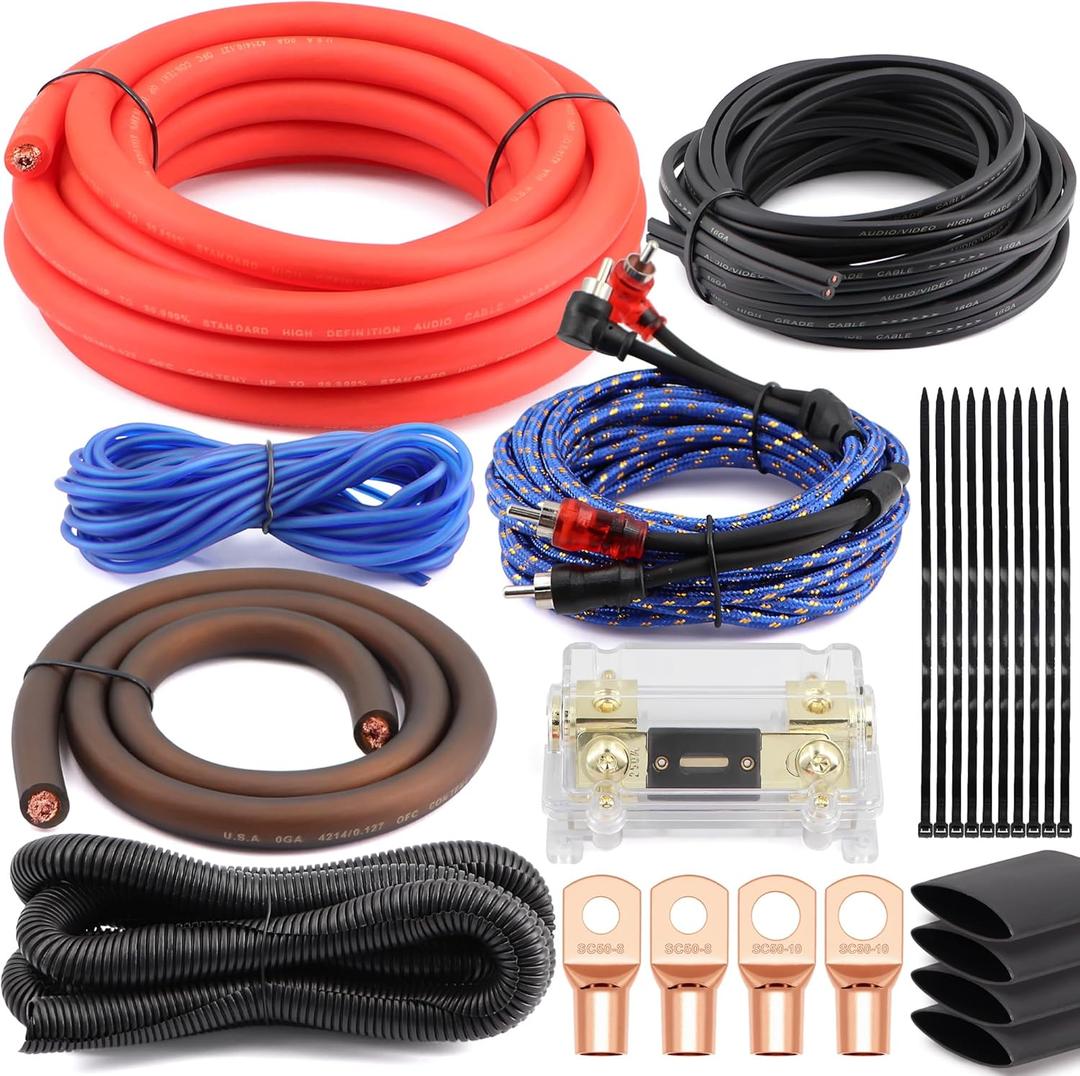 1/0 Gauge (0 AWG) Pure OFC Amplifier Wiring Kit 6000W - Heavy Duty Car Audio Power Cable with Fuse Holder & RCA | for High Power Subwoofer & Big 3 Upgrade | Verify 0.33" OD Fits Your Amp