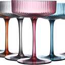 Art Deco Colored Vintage Coupe Glasses, Ribbed Crystal Handmade Martini, Cocktail & Champagne Glasses, Perfect for Dessert, Manhattan, Cosmopolitan, Gimlet, Pisco Sour - 7Oz