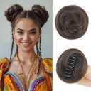 Space Buns Hair Piece 2 Pack Fake Bun Extension for Women Claw Clip Messy Bun Hair Pieces for Updos Natural Mini Bun Hairpieces Cosplay Priness Leia Buns (Cool Brown)