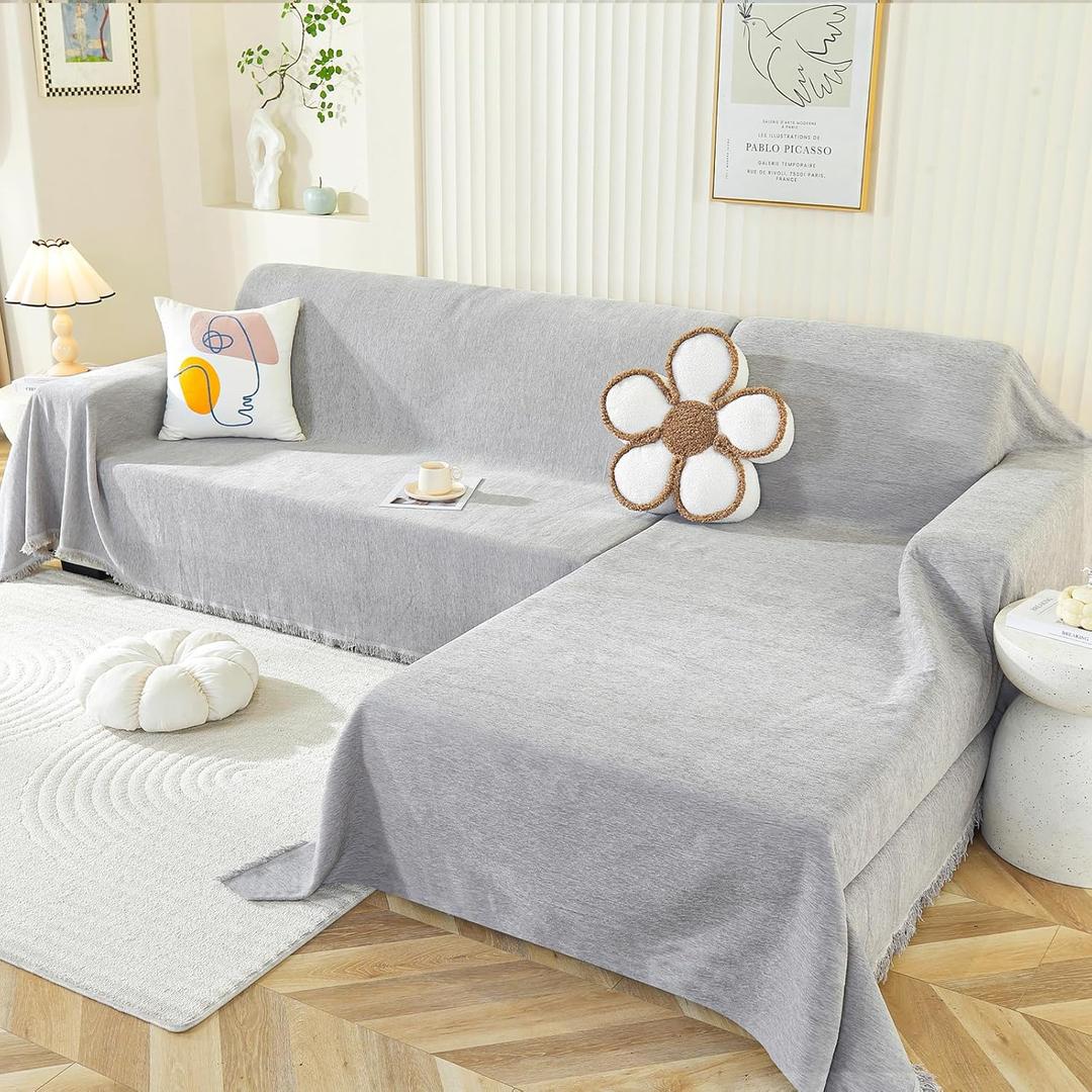 OstepDecor Sectional Couch Covers 2 Pieces, L Shaped Sofa Cover, Chenille Couch Cover for Dogs Washable, Couch Cover Blanket, Sofa Slipcover for 2-3 Cushion Couch (71"x110"+71"x118", Light Grey)