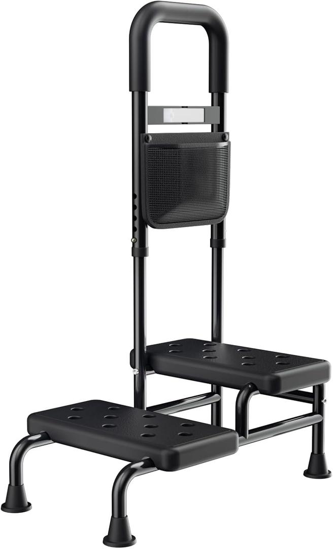 Step Stool with Handle for Adults- Step Stools for Seniors with Adjustable Handrail, Non-Skid Platform, Elderly, Foot Stool, Bed Steps for High Beds for Adults (2 Step Stool)