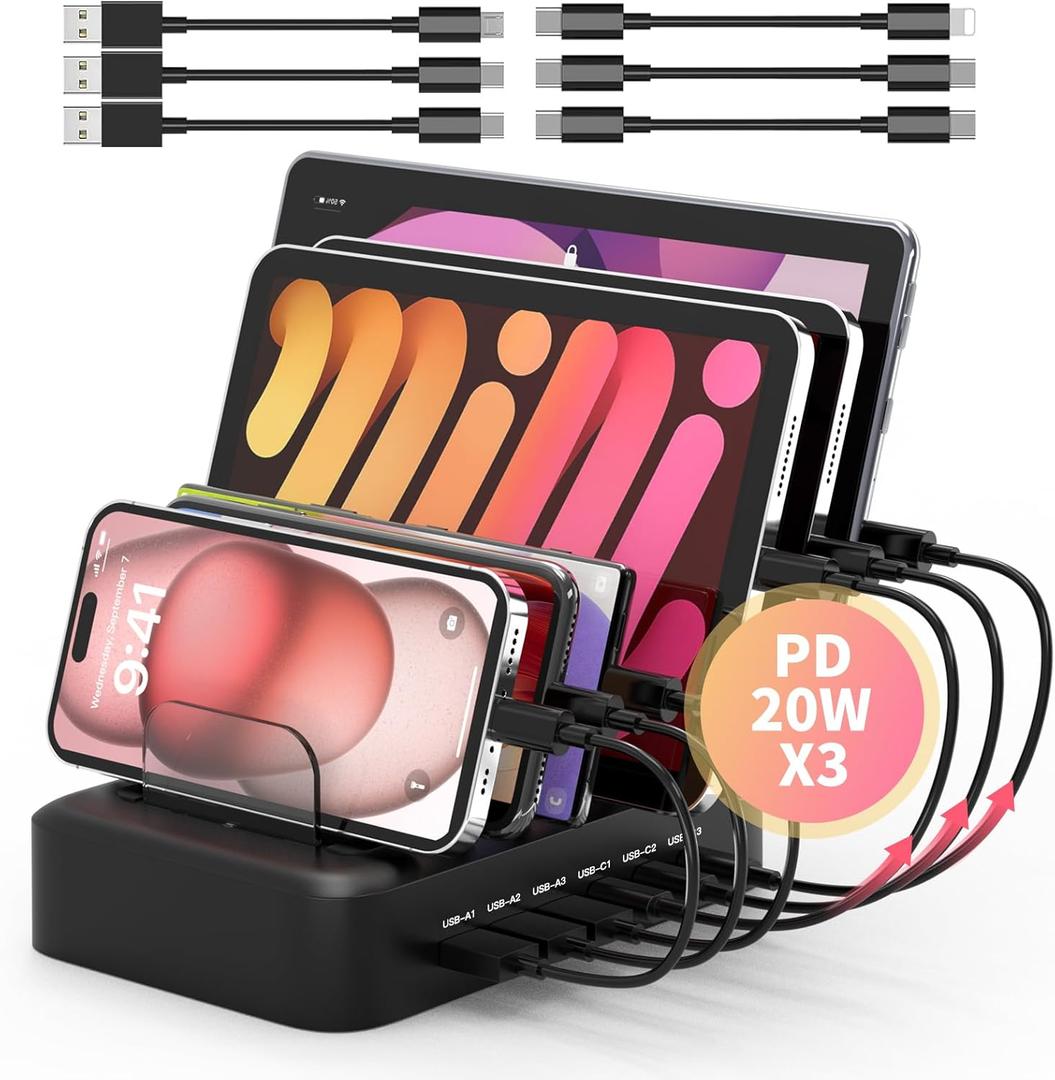 MSTJRY 90W 6-Port USB C Fast Charging Station for Multiple Devices, Multi PD Charger Station for iPhone iPad Tablet Phone, Charging Dock Organizer with Adjustable Dividers for Home Office Classroom