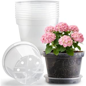 10 Pack 10 Inch Clear Nursery Pots with Saucers, Transparent Sturdy Plastic Plant Pots, Large Gardening Pots with Drainage Hole, Planting Starter Pot for Indoor Outdoor Flowers Herbs Vegetables