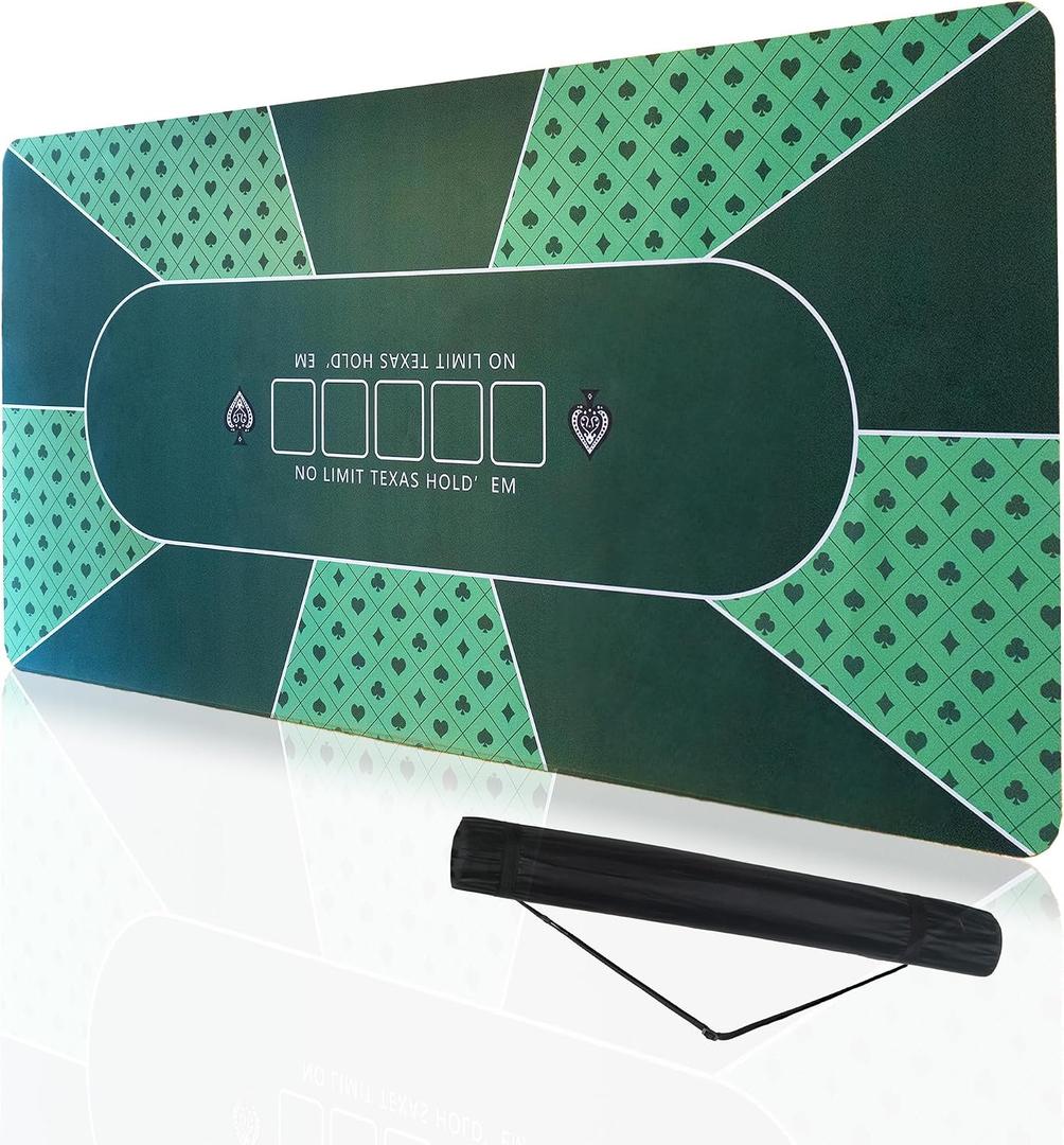 Thick 70''x35'' Foldable Poker Table Top 10 Players - Professional Texas Hold'em Poker Mat with Non-Slip Backing, Ideal for Poker and Casino, 3mm Ultra Thick, Backpack Included., Green