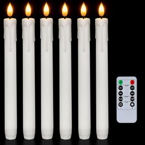 Homemory 6 Pcs Flameless Taper Candles with Remote, Timer, Dimmer, 9.6 Inches Plastic White Led CandleSticks with Flickering Light, Battery Operated Window Candles for Halloween Christmas Decoration