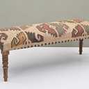 Acacia Wood Kilim Jute Fabric Decorative Upholstered Bench | Southwestern Pattern Wooden Ottoman with Turned KD Legs for Living Room, Bedroom, End of Bed, Hallway & Entryway