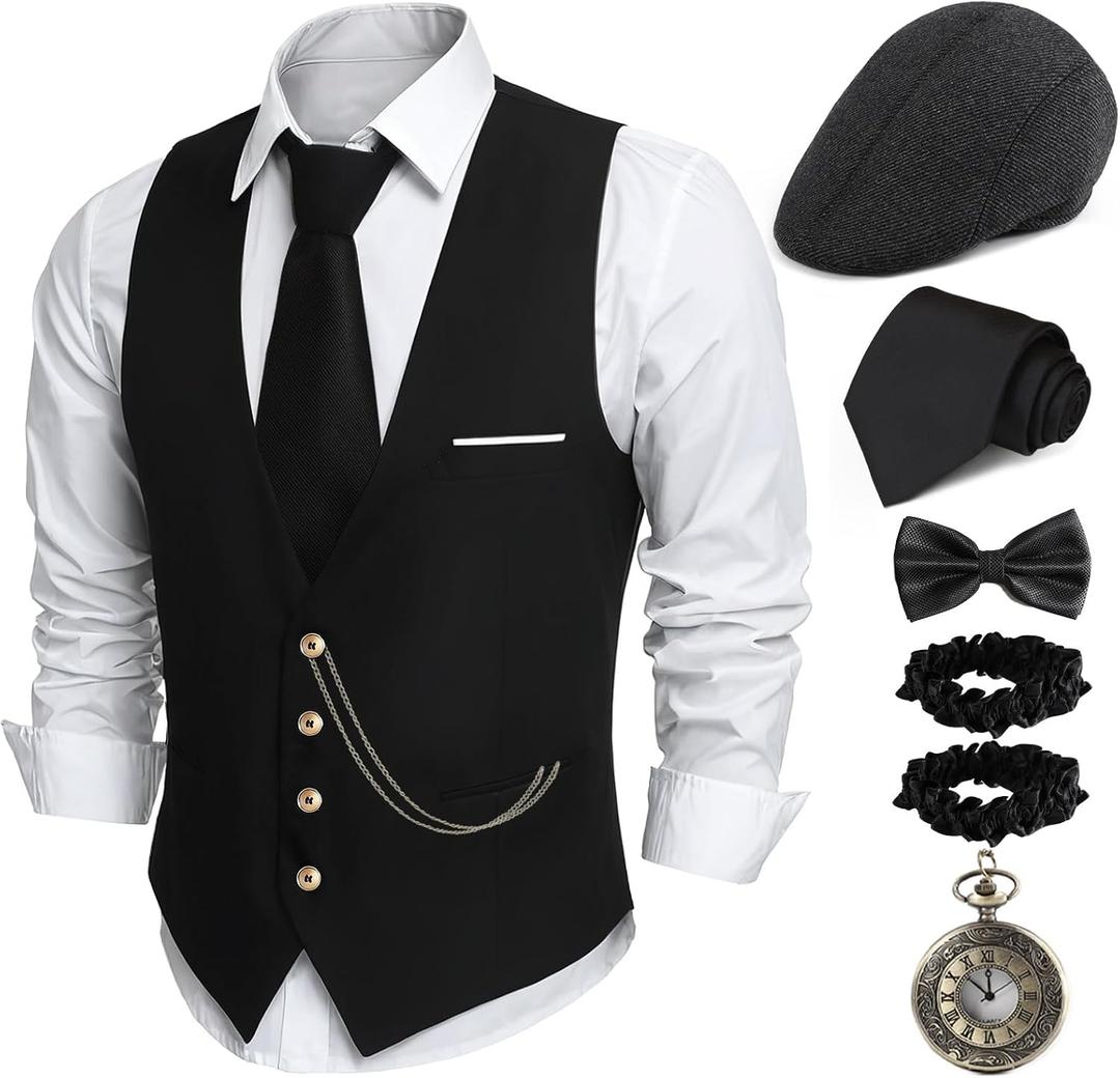 PARTTELY 1920s Mens Costume,Roaring 20s Costumes for Men,1920S Mens Outfit Accessories with Vest Hat Pocket Watch Tie Armband, Size L 