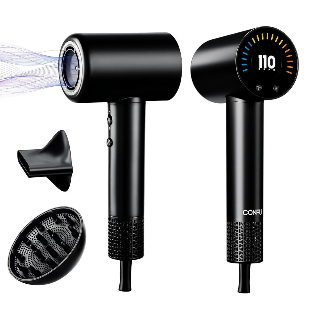 CONFU Hair Dryer, 110000 RPM Fast Drying Blow Dryer with Magnetic Diffuser and Concentrator, Professional Lightweight Ionic Hair Dryer for Women and Men (Black)