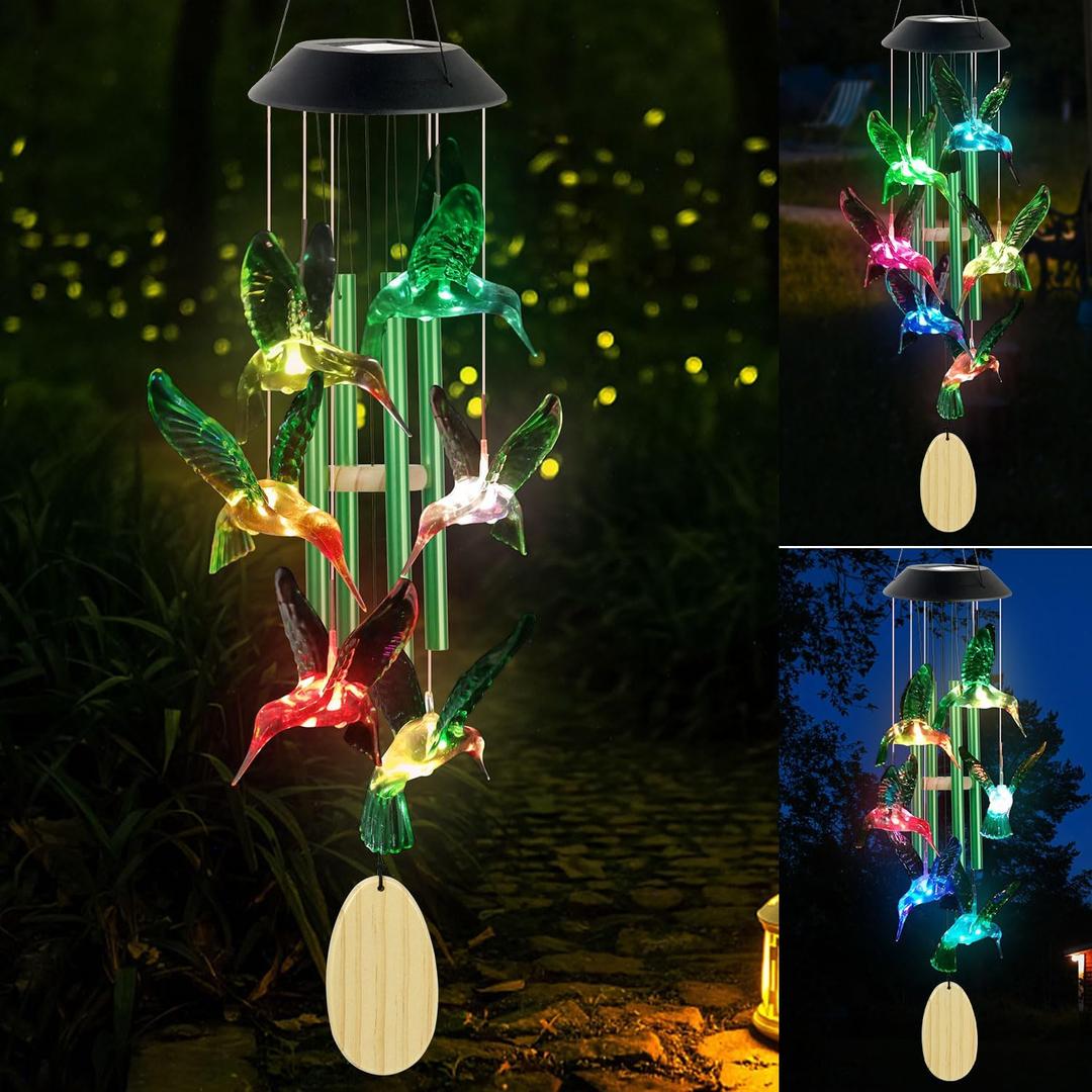 Hummingbird Solar Wind Chimes Outdoor, Father Gift, Birthday Gifts for Mother,Husband,Stepdad,Women,Grandma,Daughter,Aunt,Friend,Wife,Sister. dad and mom Gardening Gifts, Yard Decor (Hummingbird-Green Tubes-Memorial)