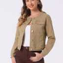 Allegra K Women's Denim Jacket Collarless Round Neck Button Down Long Sleeve Jean Jackets (Brown, S)