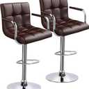 Yaheetech Tall Bar Stools Set of 2 Modern Square PU Leather Adjustable BarStools Counter Height Stools with Arms and Back Bar Chairs 360 Swivel Stool, Brown