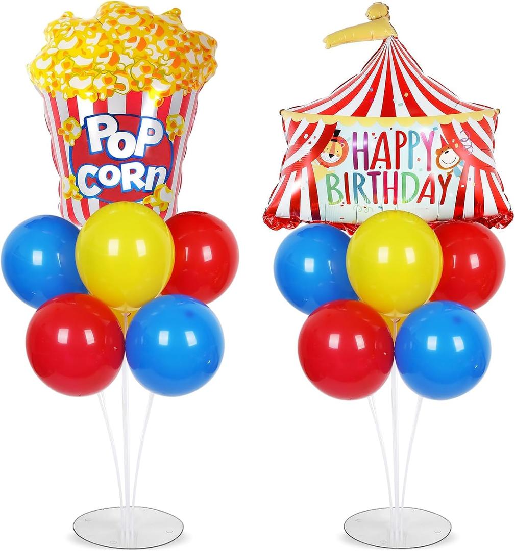 Carnival Circus Birthday Party Balloons Stand Kit 2 Sets with 2 Circus Tent Popcorn Foil Balloons Plim Themed Red Blue Yellow Balloon Centerpiece for Tables for Carnival Birthday Party Decorations