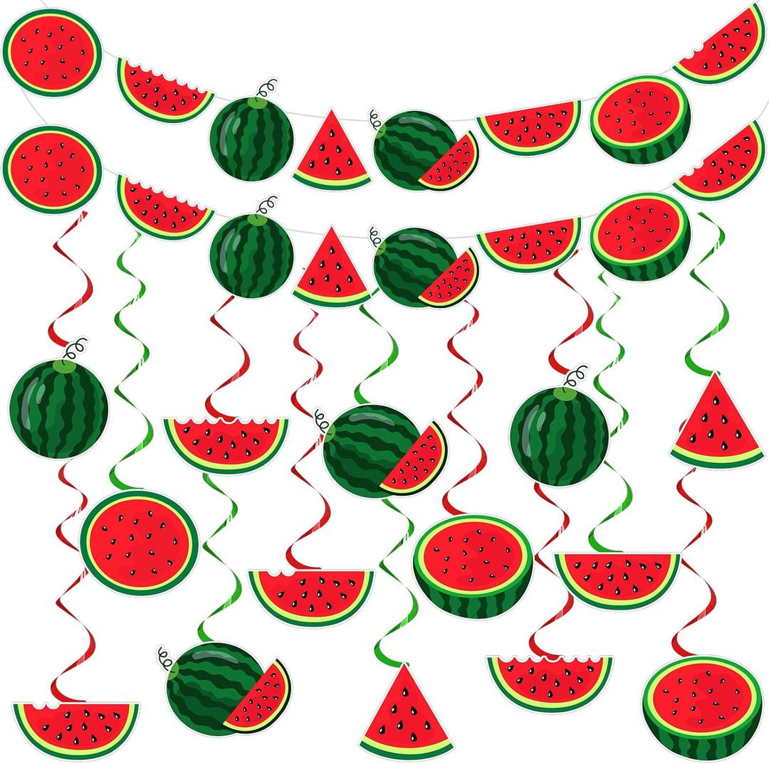 34 Pcs Summer Watermelon Party Decorations Watermelon Hanging Swirl Decorations Pre Strung Watermelon Banner Fruit Birthday Party Supplies for Summer Hawaiian Tropical Luau Beach Themed Party