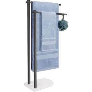 Livabber Standing Towel Rack, 304 Stainless Steel 2-Tier Towel Holder Stand with Marble Base, Modern Stylish Tall Shower Towel Bar for Bathroom Accessories, Pool（Black）