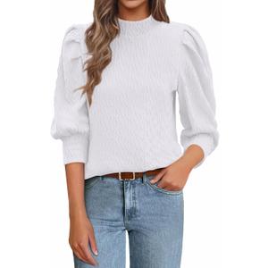 PRETTYGARDEN Womens Puff 3/4 Sleeve Tops 2025 Trendy Spring Summer Mock Neck Texture Knit T Shirts Work Casual Dressy Blouses (Small)