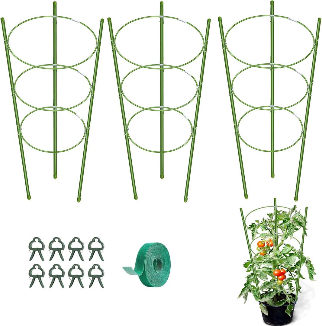KLS 3 Pack Tomato Cage for Pots Plant Support, Upgrade 24 Inches Tomato Cages for Garden, Pepper Cage Trellis Kit with Plant Tie and Clips (24")