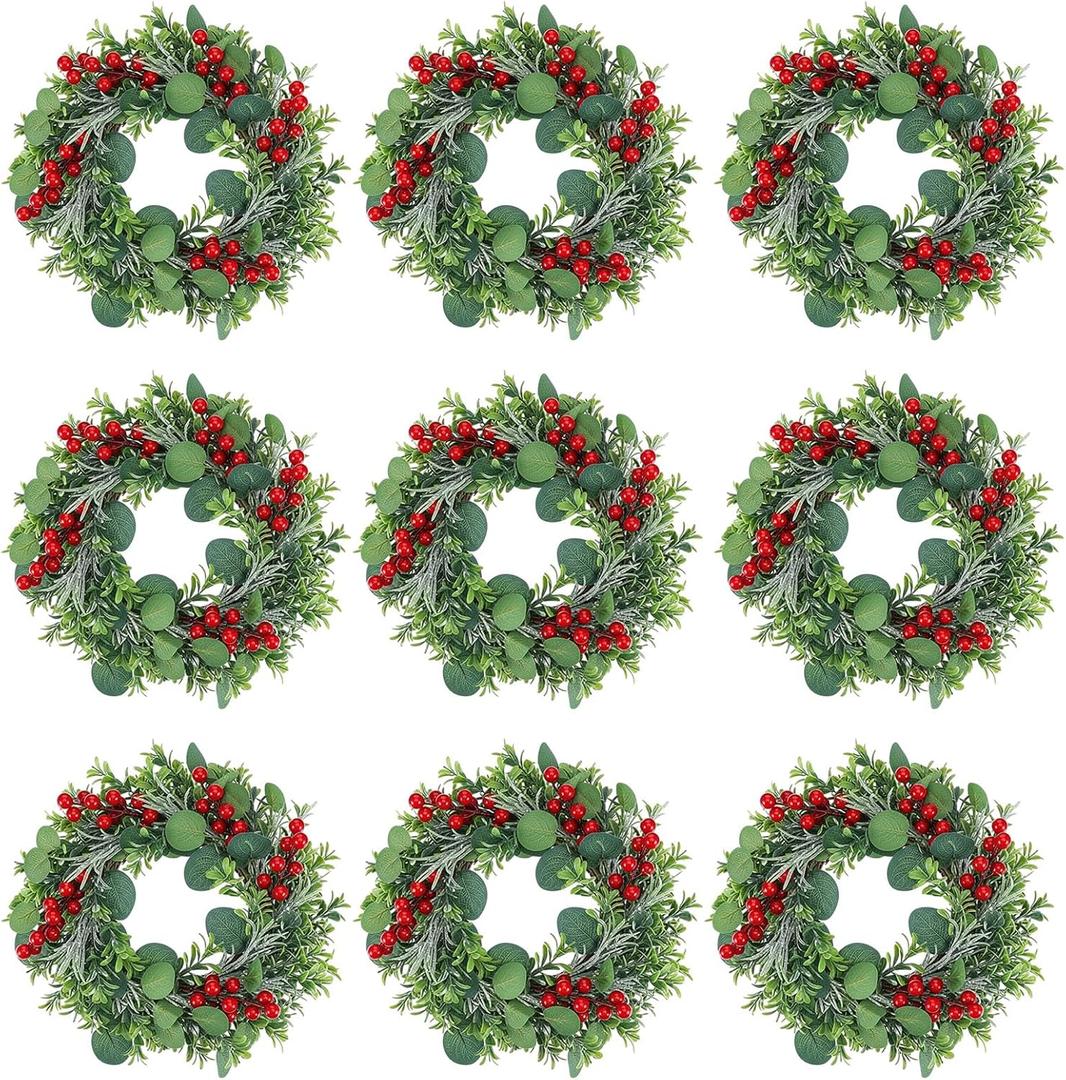 8 Pcs Mini Wreaths for Kitchen Cabinets 10 Inch Christmas Candle Rings Wreath with Artificial Red Berries Eucalyptus Leaf Table Centerpiece Decor for Front Door Wall Chairs Stairs Windows