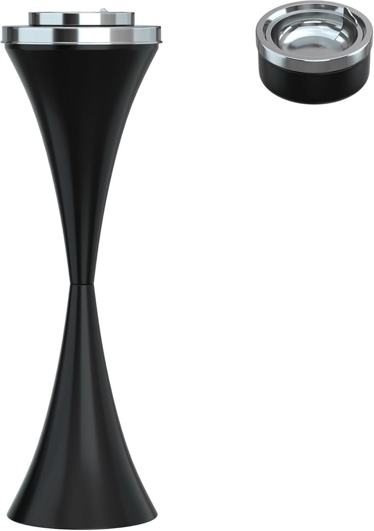 RELIANCER Floor Standing Ashtray w/Detachable Container,Stainless Steel Cigarette Ash Tray,Outdoor Self-Cleaning Ash Holder w/Weighted Base, Butt Receptacle Disposal for Home Patio (Black)
