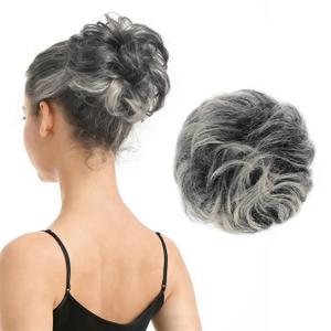 BARSDAR 100% Human Hair Bun Extension - Real Human Hair Gray Messy Bun Scrunchie for Women - Elastic Wavy Small Updo Chignons Grey Salt and Pepper Hairpieces Soft Natural Looking Daily