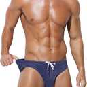 Arjen Kroos Men's Sexy Breathable Swim Briefs Quick Dry Tagless Bikini Swimwear with Drawstrings (Large, Dark Blue)
