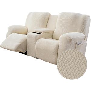Genina Recliner Loveseat Covers with Console, Stretch Reclining Sofa Covers, 2 Seater Couch Cushion Stripe Jacquard Recliner Slipcovers - Furniture Protector Covers for Pet Kid (Beige)