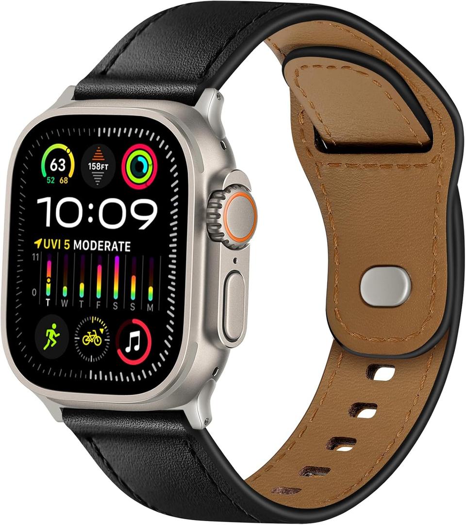 Leather Band Compatible with Apple Watch Bands 42mm 41mm 40mm 38mm Men, Genuine Leather Strap for iWatch SE 3/2/1 Series 11 10 9 8 7 6 5 4 3 2 1, Black/Titanium