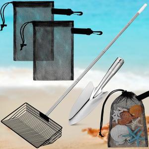 Lasnten 4 Pcs Stainless Steel Sand Sifter Wide Sand Flea Rake Set Detachable Long Handle 54 Inch Shell Scooper for Beach Basket Sifter with Beach Shovel Mesh Bag for Picking Shell Collecting Fleas