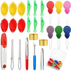 2 x 26 Pieces Needle Threaders for Hand Sewing Machine Kit 6 Gourd,6 Thumb and 6 Fish Needle Threader 2 Seam Ripper 2 Sewing Tweezers 2 Thimble with Scissor Box for DIY(Vivid Color)