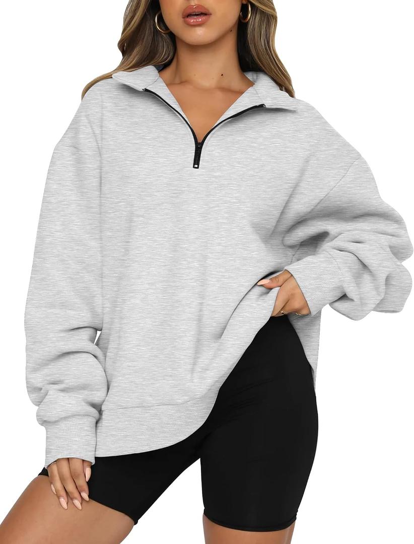 Trendy Queen Women's Oversized Half Zip Fleece Sweatshirts-Cozy Pullover, Drop Shoulder for Fall Winter (Gray, M)