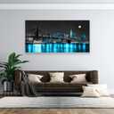 Aibonnly Wall Art Canvas Painting Black White and Blue New York Brooklyn Bridge 1 Piece Cityscape Night Building Picture Poster Print Framed for Living Room Bedroom Kitchen Office Home Decor, 48"L x 24"W