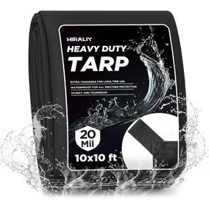 HIRALIY 20 Mil Heavy Duty Waterproof Tarp, 10x10ft Black Tarpaulin with Reinforced Webbing Loops, Multipurpose Oxford Fabric Tarp for Firewood, Roof, Camping, Pool