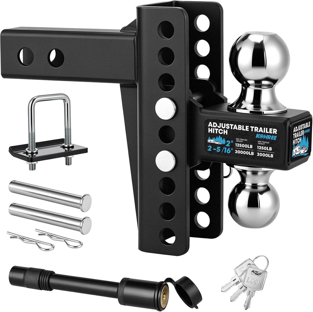 Kohree 6" Adjustable Trailer Hitch for 2-Inch Receiver, Anti-Rattle Clamp
Heavy Duty, 22,000 LBS GTW, Drop/Rise Hitch, 2" & 2-5/16" Balls, Anti-Theft Pin, G80 Steel Tow Ball Mount, Black