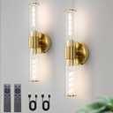 Battery Operated Wall Sconces Set of Two Glass Gold Rechargeable Wall Sconces with Remote Control LED Dimmable Wall Lights for Living Room Hallway (2 Pack)