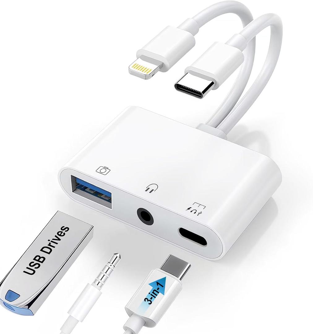 USB C & Lightning to 3.5mm Headphone Adapter, 3-in-1 USB OTG Camera Adapter & Aux Headphone Splitter, Supports Charging/Audio/Data Transfer for iPhone 17/16/15/14/13/12, Samsung Galaxy S25/24, Laptops