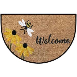 Bee Happy Door Mat Half Round Door Mat Outdoor Entrance,for Outside Entry 18x30 in Wear Resistant Semi Circle Floor Mats Area Rugs for Kitchen