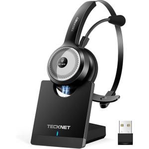 TECKNET Wireless Headset for Work, 40Hrs Worktime AI Noise Cancelling Computer Headphones with Charging Base, Bluetooth Headset with Mic & USB Dongle for PC/Laptop/Call Center