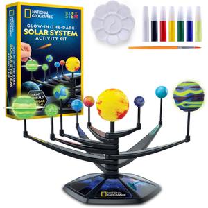 National Geographic Glow-in-The-Dark Solar System Model Kit for Kids - Build & Paint a 3D Planetary Model with Movable Arms, STEM Projects for Kids Ages 8-12, Space Themed Bedroom Decor