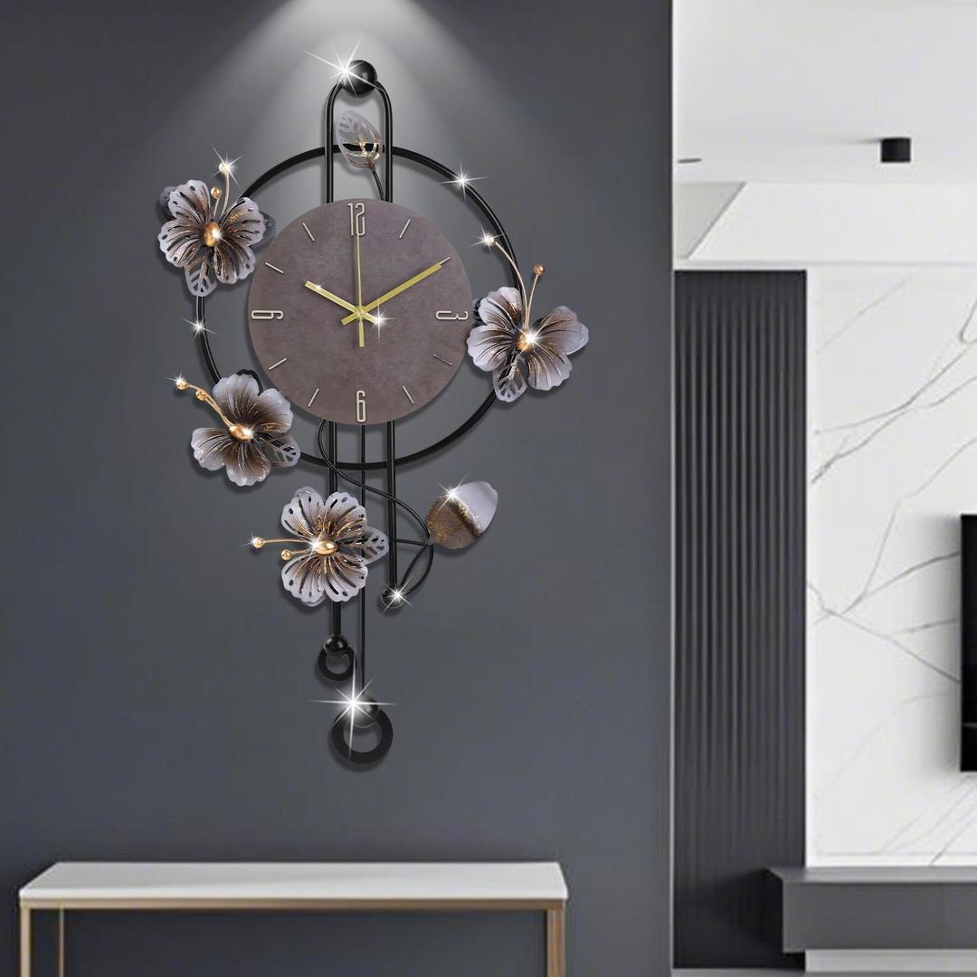 Wall Clock, Silent Quartz Movement Battery Operated with Pendulum, Oversized Metal Modern Large Wall Clocks for Living Room Bedroom Farmhouse Office Kitchen Home Wall Decor-18.8x29.5Inch(Brown)