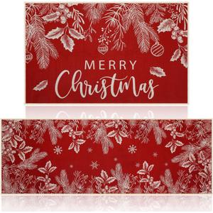 Tinideya 2 Pcs Holly Pine Branches Merry Christmas Kitchen Mats Set - Washable Non Slip Christmas Rug Winter Doormat for Xmas Home Floor Decorations (Red)